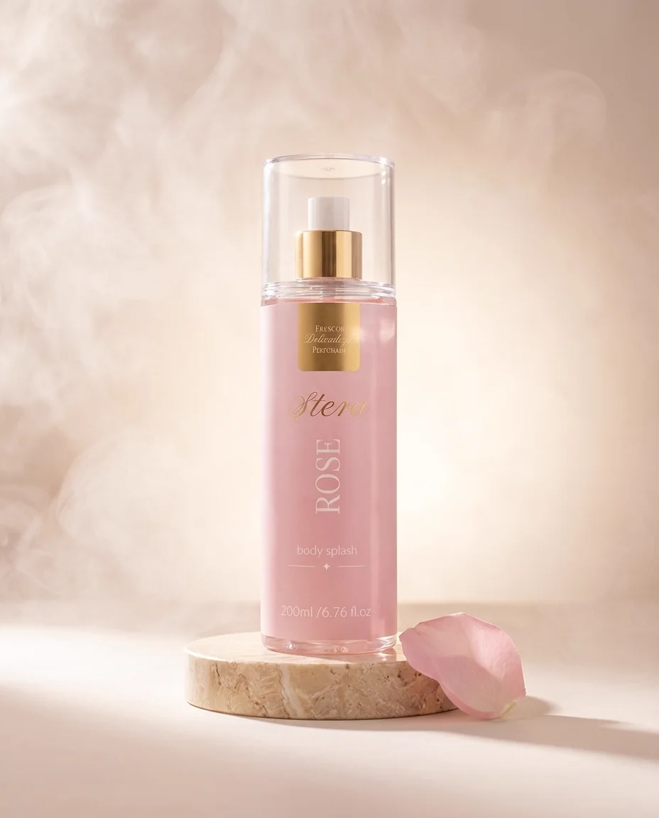 Frasco do body splash Stera Rosé sobre pedestal de travertino, entre névoa e uma pétala