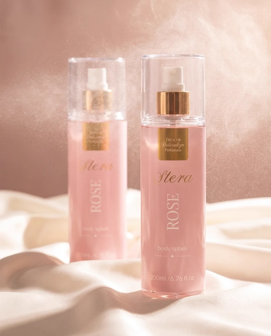 Kit com dois frascos do body splash Stera Rosé sobre seda marfim