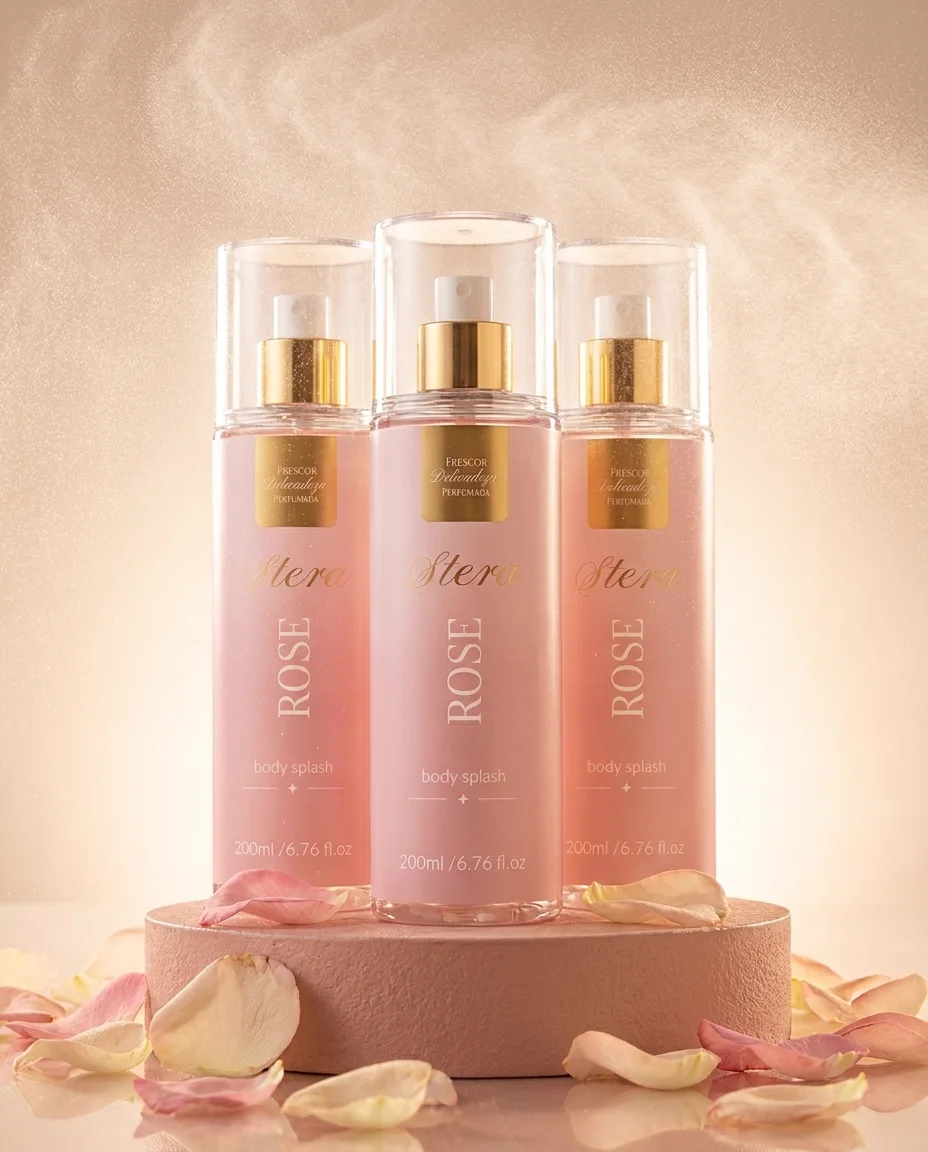 Kit com três frascos do body splash Stera Rosé entre pétalas